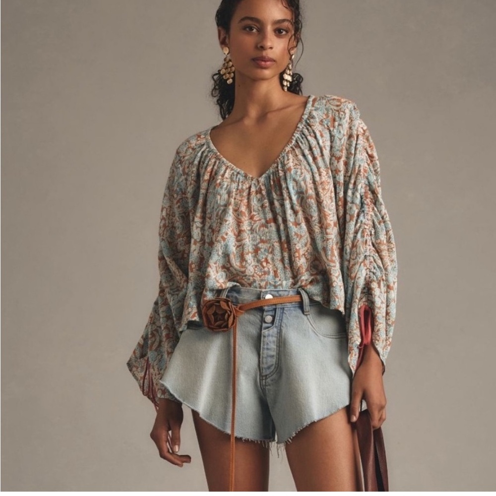 Anthropologie Floral Blouse in Blue and Orange